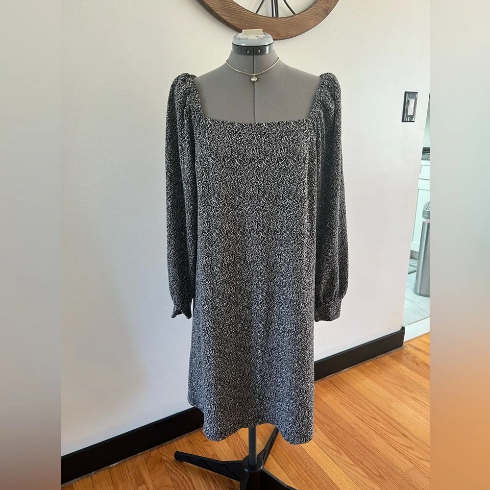 LOFT Black and Gray Square Neck Long Sleeve Knit Dress - Picture 2 of 9